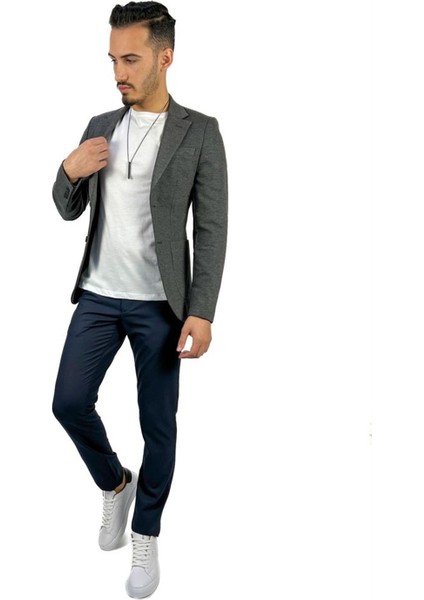 Gri Blazer Mono Yaka Slim Fit Torba Cep Tek Ceket | Agustini