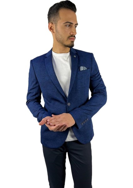 Lacivert Blazer Mono Yaka Slim Fit Yarım Astar Tek Ceket | Agustini