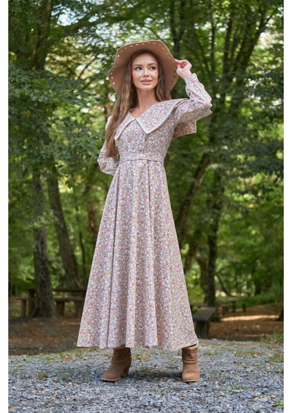 Vintage Yakalı Gri Renkli Çiçekli Uzun Kol Kloş Elbise modelleri