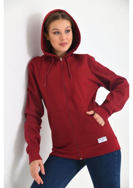 Bordo Kapüşonlu ve Kanguru Cep Detaylı Sweatshirt