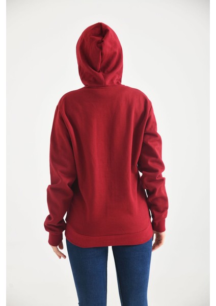 Bordo Kapüşonlu ve Kanguru Cep Detaylı Sweatshirt