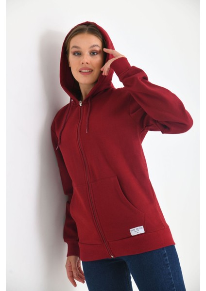 Bordo Kapüşonlu ve Kanguru Cep Detaylı Sweatshirt