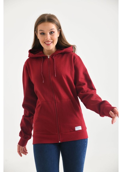 Bordo Kapüşonlu ve Kanguru Cep Detaylı Sweatshirt