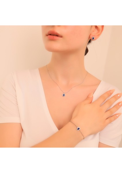 925 Ayar Gümüş Elmas Monturlu Safir Kolye-Bileklik-Küpe Set