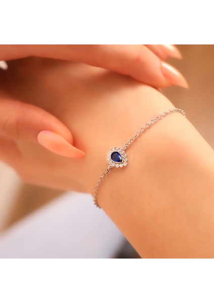 925 Ayar Gümüş Elmas Monturlu Safir Kolye-Bileklik-Küpe Set modelleri