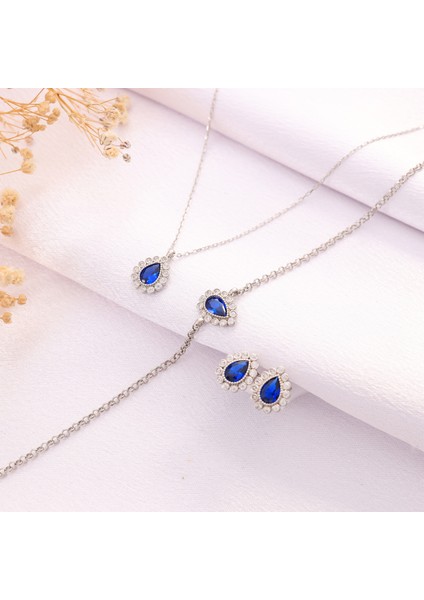 925 Ayar Gümüş Elmas Monturlu Safir Kolye-Bileklik-Küpe Set fırsatları