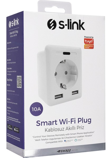 Swapp SL-04 10A Akım Korumalı Akıllı Priz 2 USB 2.4 Ghz Wifi TUYA Destekli