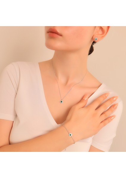 925 Ayar Gümüş Elmas Monturlu Yeşil Yuvarlak Kolye-Bileklik-Küpe Set