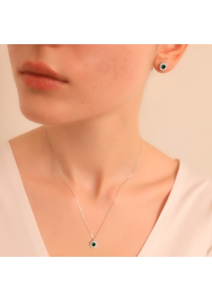 925 Ayar Gümüş Elmas Monturlu Yeşil Yuvarlak Kolye-Bileklik-Küpe Set fiyatları