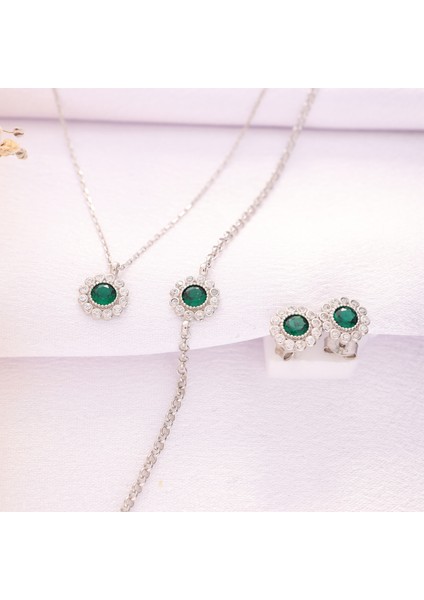 925 Ayar Gümüş Elmas Monturlu Yeşil Yuvarlak Kolye-Bileklik-Küpe Set modelleri