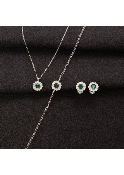 925 Ayar Gümüş Elmas Monturlu Yeşil Yuvarlak Kolye-Bileklik-Küpe Set fırsatları