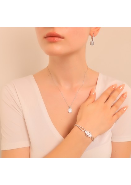 925 Ayar Gümüş Trapez Taşlı Kolye-Küpe-Bileklik Set fiyatları