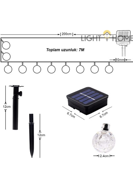 Light Home 50 Led 7 Metre Tüm Renkler Kristal Güneş Enerjili Led Işık Solar Bahçe Teras Balkon Ağaç Lambası Aydınlatması