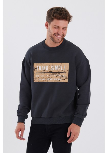 Erkek Oversize Baskılı Basıc S-Shırt-Füme