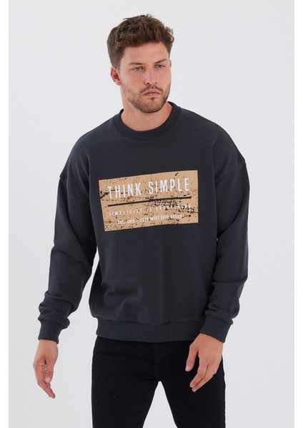 Erkek Oversize Baskılı Basıc S-Shırt-Füme