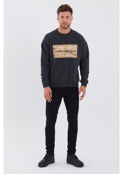 Erkek Oversize Baskılı Basıc S-Shırt-Füme
