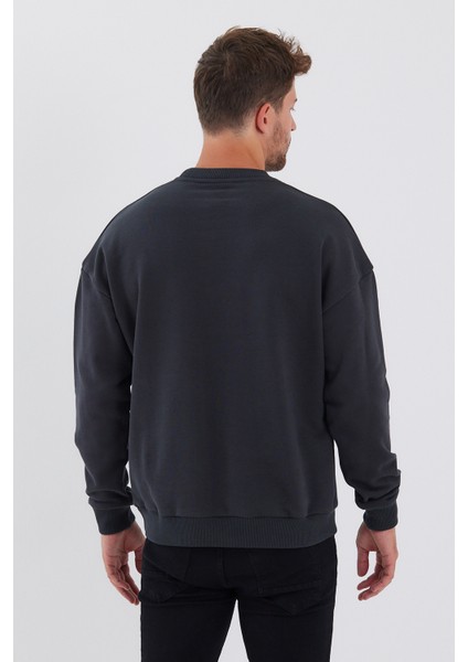 Erkek Oversize Baskılı Basıc S-Shırt-Füme