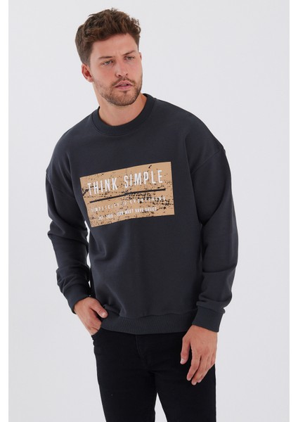Erkek Oversize Baskılı Basıc S-Shırt-Füme