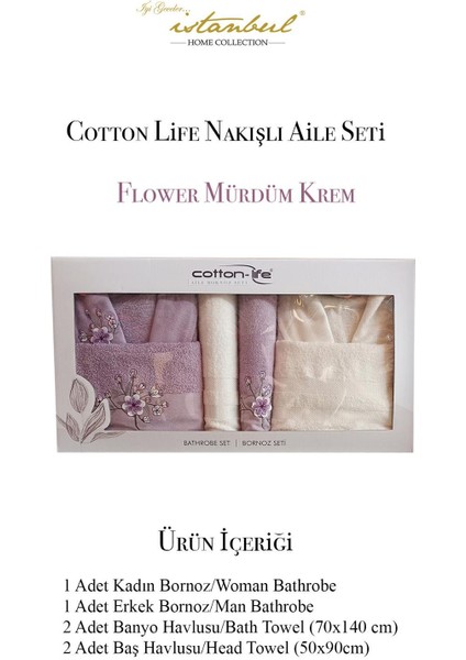 Cotton-Life Aile Bornoz Seti Flower Mürdüm-Krem