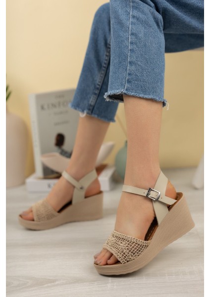 Dolgu Topuk Örgülü Tek Bant Kadın Sandalet modelleri