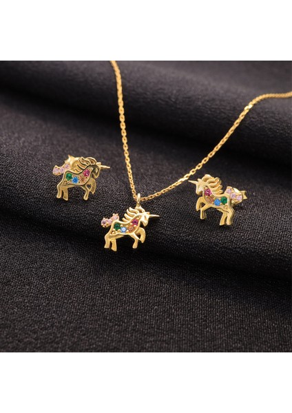 925 Ayar Gümüş Unicorn Kolye Küpe Set fırsatları