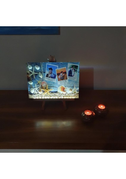 Epoksili Özel Tasarım Şövaleli Kişiselleştirilmiş Aile Fotoğraflı Gece Lambası 30X21 cm