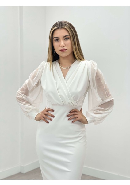 Krep Kumaş Kollar Tül Kalem Elbise - Beyaz modelleri