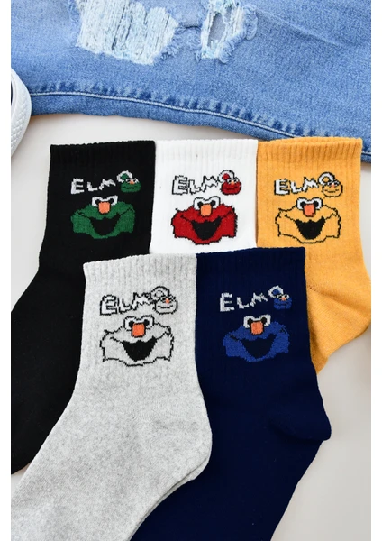 Unisex 5 Çift Elmo Yazılı Desenli Çorap