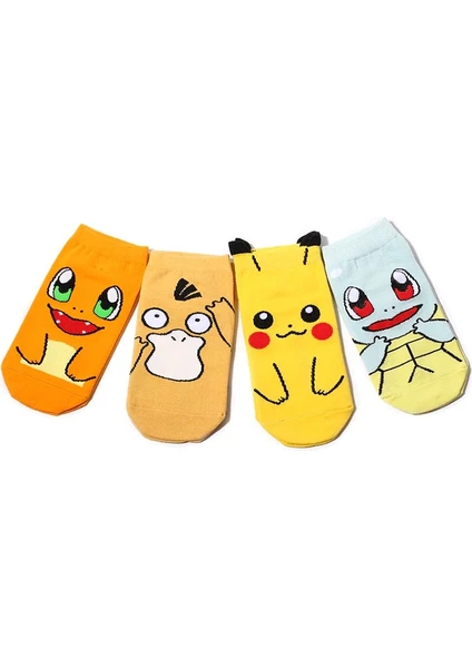 Unisex 4'lü Pokemon Desenli Patik Çorap Renkli Extra Rahat