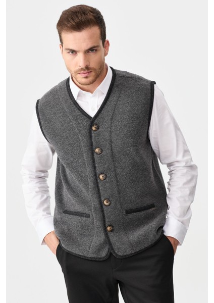 Erkek V Yaka Keçe Aksesuarlı Pike Dokuma Yün Yelek 02422569 Füme fiyatları