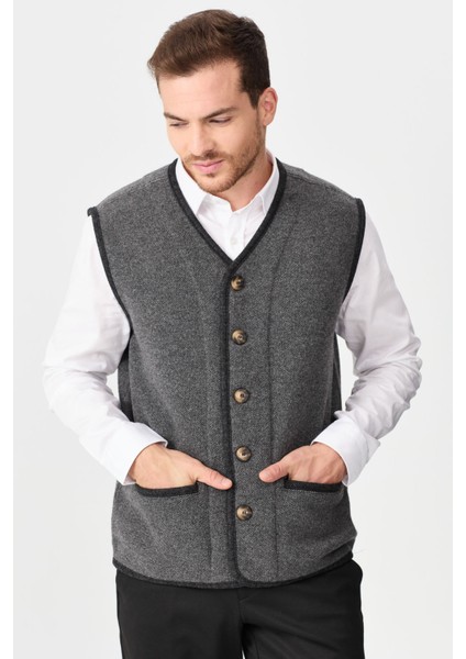 Erkek V Yaka Keçe Aksesuarlı Pike Dokuma Yün Yelek 02422569 Füme modelleri
