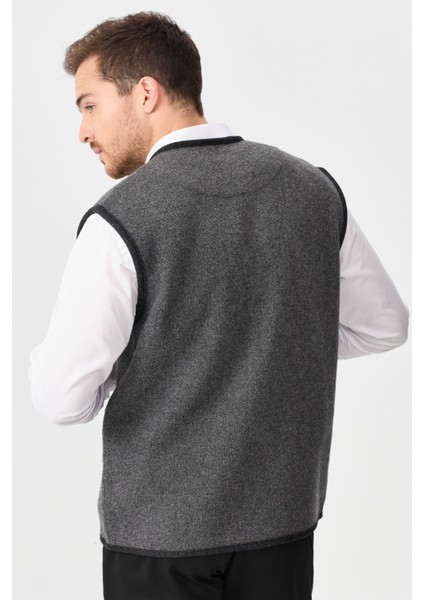 Erkek V Yaka Keçe Aksesuarlı Pike Dokuma Yün Yelek 02422569 Füme indirimleri