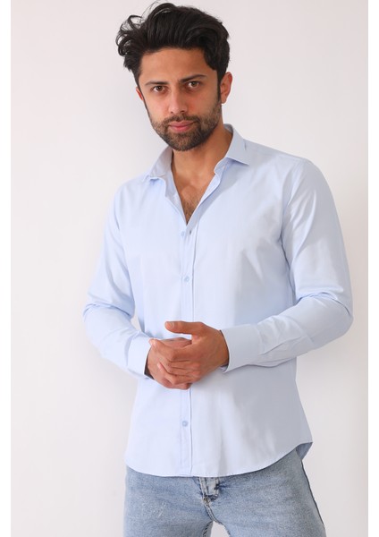 Erkek Mikrosaten Gök Mavisi Slim Fit Gömlek