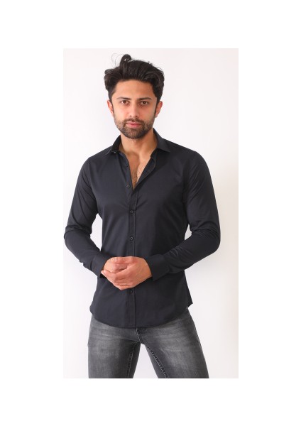 Erkek Siyah Süper Slim Fit Likralı Gömlek