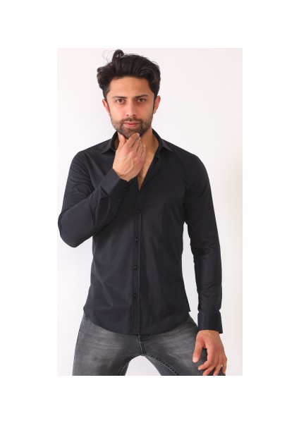 Erkek Siyah Süper Slim Fit Likralı Gömlek