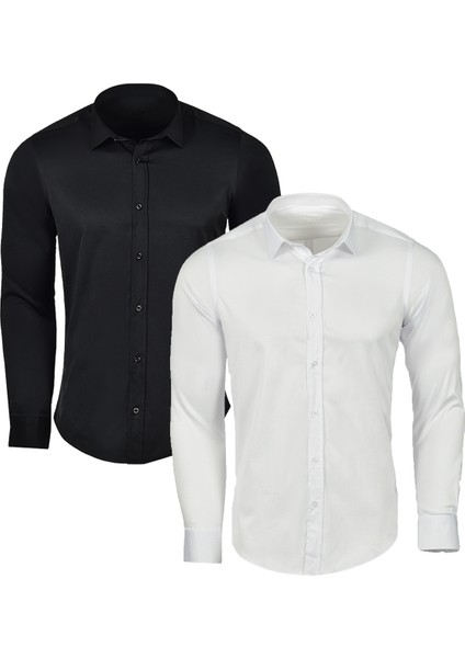 Erkek Mavi Saten Likralı Pamuklu Süper Slim Fit Gömlek