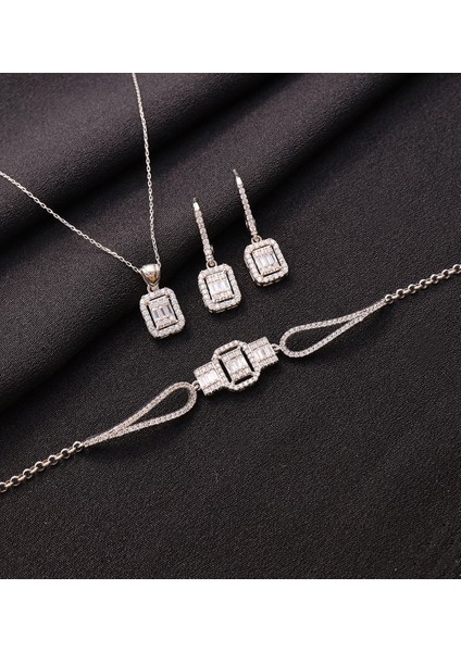 925 Ayar Gümüş Trapez Taşlı Kolye-Küpe-Bileklik Set