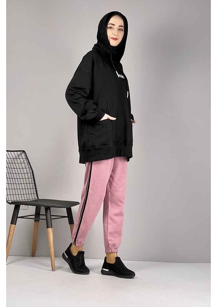 Şerit Detaylı Eşofman Altı Pudra Siyah modelleri