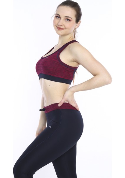 Kadın Vişne Kırçıllı Büstiyer Fitness Bra Spor Kapri Tayt Takım - 0116-1