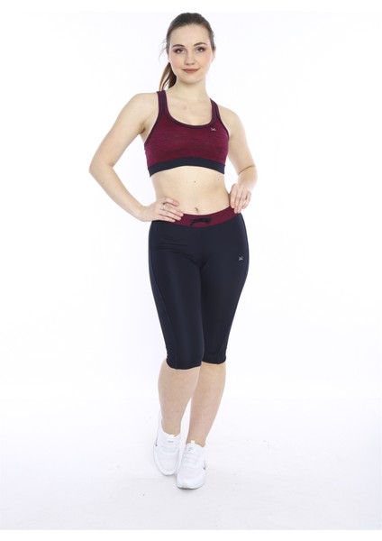 Kadın Vişne Kırçıllı Büstiyer Fitness Bra Spor Kapri Tayt Takım - 0116-1