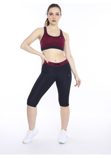 Kadın Vişne Kırçıllı Büstiyer Fitness Bra Spor Kapri Tayt Takım - 0116-1