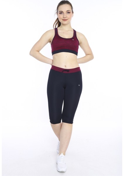 Kadın Vişne Kırçıllı Büstiyer Fitness Bra Spor Kapri Tayt Takım - 0116-1