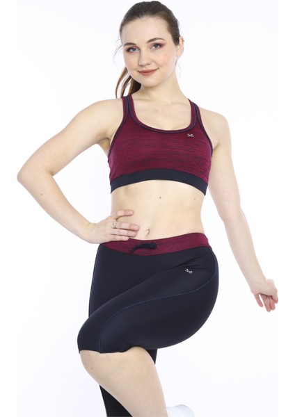 Kadın Vişne Kırçıllı Büstiyer Fitness Bra Spor Kapri Tayt Takım - 0116-1