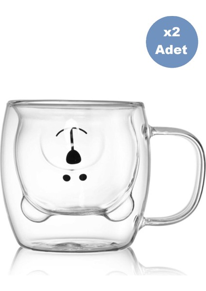 Çift Camlı Cidarlı Ayıcık Karakterli Eğlenceli Tasarım Borosilikat Cam Kupa Bardak 2li Set 250 ml