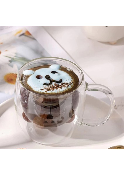 Çift Camlı Cidarlı Ayıcık Karakterli Eğlenceli Tasarım Borosilikat Cam Kupa Bardak 2li Set 250 ml