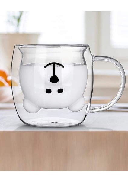 Çift Camlı Cidarlı Ayıcık Karakterli Eğlenceli Tasarım Borosilikat Cam Kupa Bardak 2li Set 250 ml