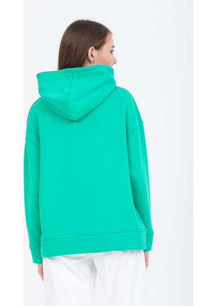 Pupiwessi Kadın Yeşil Kapüşonlu Oversize Sweatshirt-Hoodie