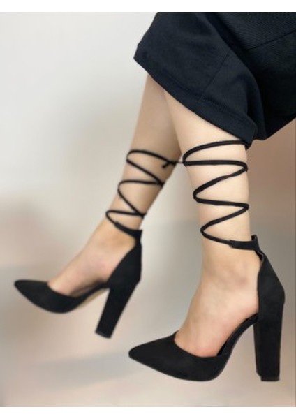 Hayyshoes Siyah Süet Bağcıklı Stiletto Kalın Topuklu Ayakkabı