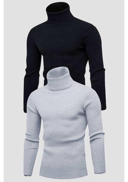 Unisex 2’li Hazır Paket Siyah - Gri Balıkçı Yaka Kaşkorse Şardonlu Slimfit Boğazlı Kazak