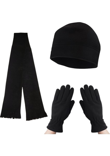 Kadın Siyah Termal Polar Eldiven - Polar Bere - Polar Atkı 3'lü Set